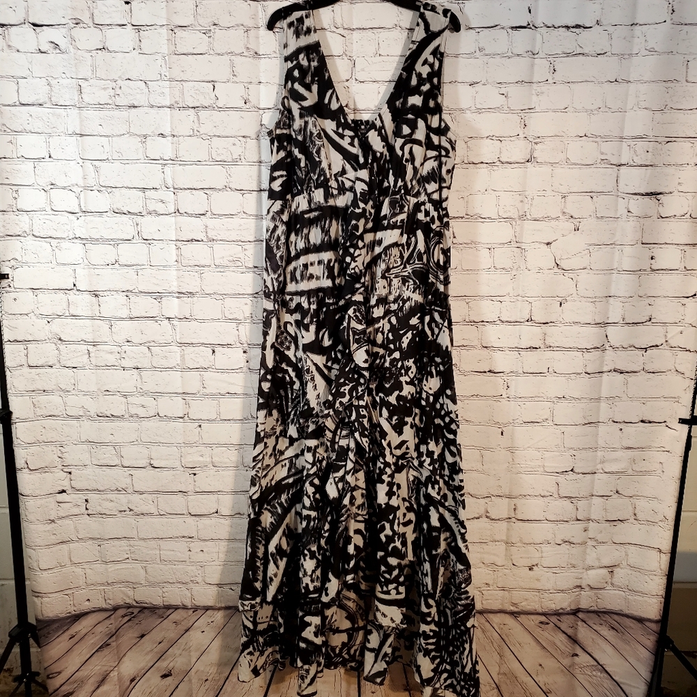 Chelsea & Theodore Black and White Ruffled Wrap Maxi Dress